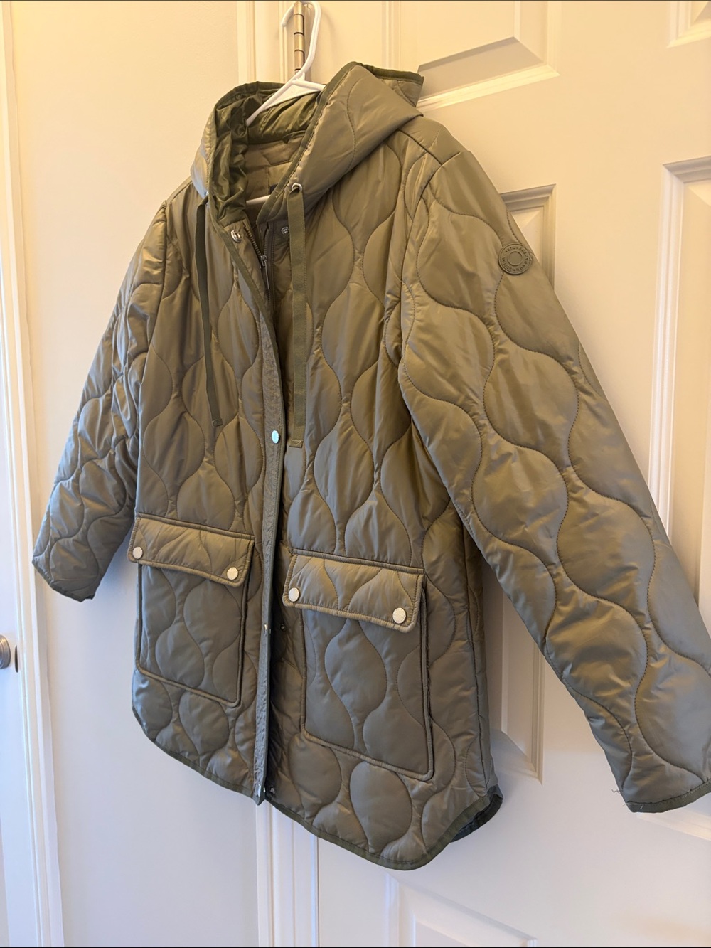 French Connection Quilted Hooded Puffer Jacket in Olive